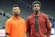 Oct 22, 2013; Kansas City, MO, USA; Oklahoma State guard Marcus Smart and Kanas guard Andrew Wiggins pose for a photo during the Big 12 media day at Sprint Center. Mandatory Credit: Denny Medley-USA TODAY Sports