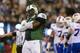 EAST RUTHERFORD, NJ - SEPTEMBER 22: Defensive end Muhammad Wilkerson #96 of the New York Jets celebrates after he sacks quarterback EJ Manuel #3 of the Buffalo Bills in the 2nd half of the Jets 27-20 win over the Buffalo Bills at MetLife Stadium on Septem