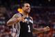 Feb 21, 2014; Phoenix, AZ, USA; San Antonio Spurs guard Shannon Brown (1) reacts on the court against the Phoenix Suns in the second half at US Airways Center. The Suns defeated the Spurs 106-85. Mandatory Credit: Jennifer Stewart-USA TODAY Sports