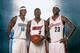 DENVER - FEBRUARY 18: (L-R) Carmelo Anthony #15, Dwyane Wade #3 and LeBron James #23 of the Sophmore Team poses for a portrait prior to the 2005 Got Milk? Rookie Challenge at The Pepsi Center on February 18, 2005 in Denver, Colorado. NOTE TO USER: User