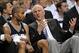 Jun 20, 2013; Miami, FL, USA; San Antonio Spurs head coach Gregg Popovich talks with point guard Tony Parker (right) on the bench during the third quarter of game seven in the 2013 NBA Finals against the Miami Heat at American Airlines Arena. Mandatory Cr