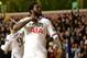 LONDON, ENGLAND - FEBRUARY 27: Emmanuel Adebayor of Tottenham Hotspur celebrates after scoring a goal during the UEFA Europa League Round of 32 second leg match between Tottenham Hotspur and FC Dnipro Dnipropetrovsk at White Hart Lane on February 27, 20