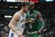 MINNEAPOLIS, MN - MARCH 30: Kevin Love #42 of the Minnesota Timberwolves boxes out Kevin Garnett #5 of the Boston Celtics as they watch the action during the game on March 30, 2012 at Target Center in Minneapolis, Minnesota. NOTE TO USER: User expressly