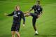 STOCKHOLM, SWEDEN - NOVEMBER 13: Wilfried Zaha and Ryan Shawcross warm up during the England training session at the Friends Arena on November 13, 2012 in Stockholm, Sweden. (Photo by Michael Regan/Getty Images)