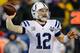 FOXBORO, MA - JANUARY 11: Andrew Luck #12 of the Indianapolis Colts throws a pass against the New England Patriots during the AFC Divisional Playoff game at Gillette Stadium on January 11, 2014 in Foxboro, Massachusetts. (Photo by Jim Rogash/Getty Imag