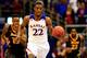 LAWRENCE, KS - NOVEMBER 22: Andrew Wiggins #22 of the Kansas Jayhawks drives upcourt on a fast break as Timajh Parker-Rivera #15 and Rafriel Guthrie #22 of the Towson Tigers chase during the game at Allen Fieldhouse on November 22, 2013 in Lawrence, Kansa