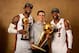 MIAMI, FL - JUNE 20: LeBron James #6, Head Coach Erik Spoelstra and Dwyane Wade #3 of the Miami Heat poses for a portrait with the Larry O'Brien Trophy after defeating the San Antonio Spurs in Game Seven of the 2013 NBA Finals on June 20, 2013 at American