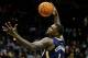 Feb 4, 2014; Atlanta, GA, USA; Indiana Pacers shooting guard Lance Stephenson (1) attempts a dunk over Atlanta Hawks power forward Paul Millsap (4) in the second half at Philips Arena. The Pacers won 89-85. Mandatory Credit: Daniel Shirey-USA TODAY Sports