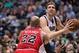 Feb 28, 2014; Dallas, TX, USA; Chicago Bulls power forward Taj Gibson (22) guards Dallas Mavericks power forward Dirk Nowitzki (41) during the first half at the American Airlines Center. Mandatory Credit: Jerome Miron-USA TODAY Sports