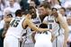 Mar 1, 2014; East Lansing, MI, USA; Michigan State Spartans guard Denzel Valentine (45) and Michigan State Spartans guard Gary Harris (14) and Michigan State Spartans forward Matt Costello (10) and Michigan State Spartans guard/forward Branden Dawson (22)