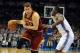 Feb 26, 2014; Oklahoma City, OK, USA; Cleveland Cavaliers center Spencer Hawes (32) handles the ball against Oklahoma City Thunder point guard Reggie Jackson (15) during the second quarter at Chesapeake Energy Arena. Mandatory Credit: Mark D. Smith-USA TO