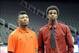 Oct 22, 2013; Kansas City, MO, USA; Oklahoma State guard Marcus Smart and Kanas guard Andrew Wiggins pose for a photo during the Big 12 media day at Sprint Center. Mandatory Credit: Denny Medley-USA TODAY Sports