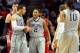 UNIVERSITY PARK, PA - MARCH 02: D.J. Newbill #2 of the Penn State Nittany Lions reacts with teammate Ross Travis #43 after a made basket and foul call against the Wisconsin Badgers during the second half at the Bryce Jordan Center on March 2, 2014 in Uni