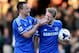 LONDON, ENGLAND - MARCH 01: Hat trick scorer Andre Schurrle of Chelsea (R) is congratulated by John Terry after the Barclays Premier League match between Fulham and Chelsea at Craven Cottage on March 1, 2014 in London, England. (Photo by Jamie McDonald/