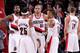 PORTLAND, OR - MARCH 1: The Portland Trail Blazers stand on the court during a game against the Denver Nuggets on March 1, 2014 at the Moda Center Arena in Portland, Oregon. NOTE TO USER: User expressly acknowledges and agrees that, by downloading and or