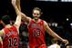 Feb 25, 2014; Atlanta, GA, USA; Chicago Bulls center Joakim Noah (13) celebrates with shooting guard Kirk Hinrich (12) against the Atlanta Hawks in the fourth quarter at Philips Arena. The Bulls defeated the Hawks 107-103. Mandatory Credit: Brett Davis-US