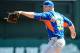 Mar 3, 2014; Lake Buena Vista, FL, USA; New Yorks Mets pitcher Noah Syndergaard (55) warms up before the spring training exhibition game against the Atlanta Bravesat Champion Stadium. Mandatory Credit: Jonathan Dyer-USA TODAY Sports