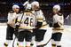 NEW YORK, NY - MARCH 02: Dougie Hamilton #27, Milan Lucic #17, Jarome Iginla #12, and David Krejci #46 of the Boston Bruins celebrate after a second-period goal against the New York Rangers at Madison Square Garden on March 2, 2014 in New York City. (Pho