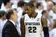 Mar 1, 2014; East Lansing, MI, USA; Michigan State Spartans head coach Tom Izzo talks to guard/forward Branden Dawson (22) during the 2nd half of a game against Illinois Fighting Illini at Jack Breslin Student Events Center. Illinois won 53-46. Mandatory