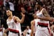 PORTLAND, OR - APRIL 23: Brandon Roy #7 high fives LaMarcus Aldridge #12 of the Portland Trail Blazers against the Dallas Mavericks in Game Four of the Western Conference Quarterfinals in the 2011 NBA Playoffs on April 23, 2011 at the Rose Garden in Port