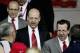 MANCHESTER, ENGLAND-AUGUST 9 : (L to R) Joel Glazer, Avram Glazer and Bryan Glazer, sons of owner Malcolm Glazer, are seen before the Champions League third qualifying round, first leg match between Manchester United and Debreceni VSC at Old Trafford on A