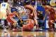 Feb 24, 2014; Lawrence, KS, USA; Kansas Jayhawks forward Tarik Black (25), Oklahoma Sooners guard Je'lon Hornbeak (5), forward Cameron Clark (21) and forward Ryan Spangler (0) battle for the ball during the first half at Allen Fieldhouse. Mandatory Credit