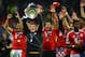 LONDON, ENGLAND - MAY 25: Toni Kroos of Bayern Muenchen celebrates with the trophy with team mates after victory in the UEFA Champions League final match between Borussia Dortmund and FC Bayern Muenchen at Wembley Stadium on May 25, 2013 in London, Unite