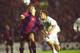24 Oct 2000: Carles Puyol of Barcelona holds off Alan Smith of Leeds United during the UEFA Champions League match played at Elland Road, in Leeds, England. The match ended in a 1-1 draw. \ Mandatory Credit: Shaun Botterill /Allsport