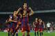 BARCELONA, SPAIN - OCTOBER 16: Carles Puyol (C) of Barcelona celebrates scoring his team's second goal with his teammate Sergio Busquets (Top) during the La Liga match between Barcelona and Valencia at the Camp Nou stadium on October 16, 2010 in Barcelon
