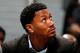 ATLANTA, GA - FEBRUARY 25: Derrick Rose #1 of the Chicago Bulls looks on from the bench in their 107-103 win over the Atlanta Hawks at Philips Arena on February 25, 2014 in Atlanta, Georgia. NOTE TO USER: User expressly acknowledges and agrees that, by