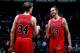 ATLANTA, GA - FEBRUARY 25: Joakim Noah #13 and Mike Dunleavy #34 of the Chicago Bulls celebrate their 107-103 win over the Atlanta Hawks at Philips Arena on February 25, 2014 in Atlanta, Georgia. NOTE TO USER: User expressly acknowledges and agrees that