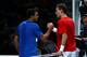 LONDON, ENGLAND - NOVEMBER 26: Jo-Wilfried Tsonga of France greets Tomas Berdych of Czech Republic after men's singles semi-final match during the Barclays ATP World Tour Finals at the O2 Arena on November 26, 2011 in London, England. Tsonga won 6-3 7-5