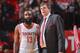 HOUSTON, TX - MARCH 4: Kevin McHale of the Houston Rockets talks with James Harden #13 during the game against the Miami Heat at the Toyota Center March 4, 2014 in Houston, Texas. NOTE TO USER: User expressly acknowledges and agrees that, by downloading a