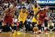 Dec 18, 2013; Miami, FL, USA; Miami Heat small forward LeBron James (6) and Indiana Pacers small forward Paul George (24) both chase a loose ball during the first half at American Airlines Arena. Mandatory Credit: Steve Mitchell-USA TODAY Sports