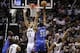 Jan 22, 2014; San Antonio, TX, USA; Oklahoma City Thunder forward Kevin Durant (35) puts up a shot over San Antonio Spurs forward Jeff Ayres (11) during the second half at AT&T Center. The Thunder won 111-105. Mandatory Credit: Soobum Im-USA TODAY Sports