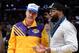November 11, 2012; Los Angeles, CA, USA; Movie actor Will Ferrell (left) talks to former NBA player Baron Davis before the game between the Los Angeles Lakers and the Sacramento Kings at the Staples Center. Lakers won 103-90. Mandatory Credit: Jayne Kami