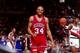 PORTLAND, OR - CIRCA 1990: Charles Barkley #34 of the Philadelphia 76ers reacts against the Portland Trailblazers circa 1990 at the Veterans Memorial Coliseum in Portland, Oregon. NOTE TO USER: User expressly acknowledges and agrees that, by downloading