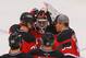 Mar 4, 2014; Newark, NJ, USA; The New Jersey Devils congratulate New Jersey Devils goalie Martin Brodeur (30) after the Devils defeated the Red Wings 4-3 at Prudential Center. Mandatory Credit: Ed Mulholland-USA TODAY Sports