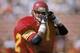 LOS ANGELES - SEPTEMBER 23: Mark Carrier #7 of the University of Southern California Trojans straps down his helmet during the NCAA game against the Ohio State University Buckeyes at Los Angeles Memorial Coliseum on September 23, 1989 in Los Angeles, Cal
