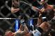 Feb 2, 2013; Las Vegas, NV, USA; Tyron Woodley (right() celebrates his victory over Jay Hieron (left) during UFC 156 at the Mandalay Bay Events Center. Mandatory Credit: Gary A. Vasquez-USA TODAY Sports