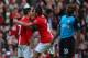 MANCHESTER, ENGLAND - APRIL 05: Frederico Macheda of Manchester United congratulates team mate Cristiano Ronaldo after he scored his team's second goal during the Barclays Premier League match between Manchester United and Aston Villa at Old Trafford on
