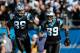 CHARLOTTE, NC - JANUARY 12: Steve Smith #89 of the Carolina Panthers celebrates with Greg Olsen #88 after catching a touchdown against the San Francisco 49ers in the second quarter during the NFC Divisional Playoff Game at Bank of America Stadium on Janua