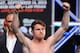 LAS VEGAS, NV - SEPTEMBER 13: Boxer Canelo Alvarez poses during the official weigh-in for his bout against Floyd Mayweather Jr. at the MGM Grand Garden Arena on September 13, 2013 in Las Vegas, Nevada. The fighters will meet in a WBC/WBA 154-pound title
