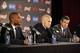 Jan 13, 2014; Toronto, Ontario, Canada; Toronto FC new players Jermain Defoe (left) and Michael Bradley (middle) are introduced while seated next to head coach Ryan Nelsen during a press conference at Real Sports Bar and Grill. Mandatory Credit: Tom Szcze