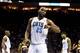 Mar 5, 2014; Charlotte, NC, USA; Charlotte Bobcats center Al Jefferson (25) reacts after the play during the second half against the Indiana Pacers at Time Warner Cable Arena. Bobcats won 109-87. Mandatory Credit: Joshua S. Kelly-USA TODAY Sports