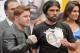 Jan 21, 2014; Los Angeles, CA, USA; Canelo Alvarez (left) and Alfredo Angulo pose during a press conference held at the Los Angeles Central Public Library to announce the 12-round super welterweight bout on March 8, 2014 at the MGM Grand, Las Vegas. Manda