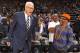 NEW YORK, NY - April 5: Phil Jackson and Spike Lee share a laugh before the game between the New York Knicks and the Milwaukee Bucks on April 5, 2013 at Madison Square Garden in New York City. NOTE TO USER: User expressly acknowledges and agrees that, by