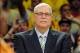 Apr 2, 2013; Los Angeles, CA, USA; Phil Jackson looks on as the jersey of Los Angeles Lakers former player Shaquille O'Neal (not pictured) is retired during a half time ceremony during the game against the Dallas Mavericks at the Staples Center. Mandat