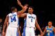 NEW YORK, NY - DECEMBER 19: Rasheed Sulaimon #14 of the Duke Blue Devils celebrates after hitting a three point shot against the UCLA Bruins with teammate Jabari Parker #1 during the CARQUEST Auto Parts Classic on December 19, 2013 at Madison Square Gard