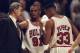 13 May 1998: Dennis Rodman #91and Scottie Pippen #33 of the Chicago Bulls listen to head coach Phil Jackson during the game against the Charlotte Hornets at the United Center in Chicago, Illinios. The Bulls defeated the Hornets 93-84. Mandatory Credit: J